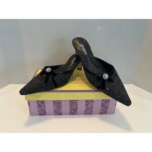 Brighton Dark Gray Wool Tweed & Black Leather Pointy Toe Mules Pumps Sz 9M